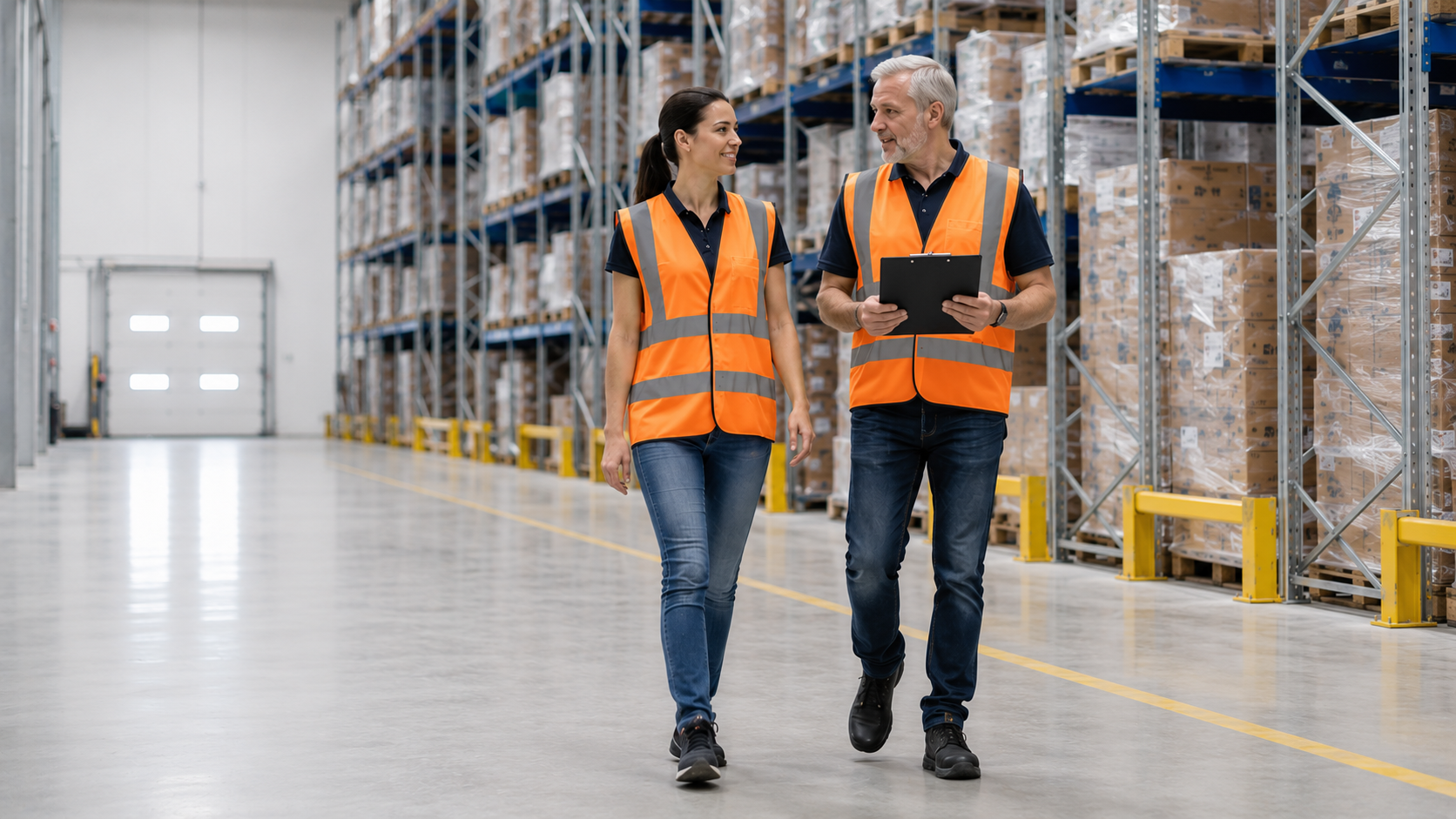 Linde-heftruck tilt een gewikkelde pallet in een magazijnstelling